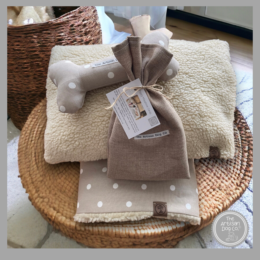 New Puppy Gift Pack: Blanket, Pillow, Toy Bone and Milestone cards - Taupe Spotty