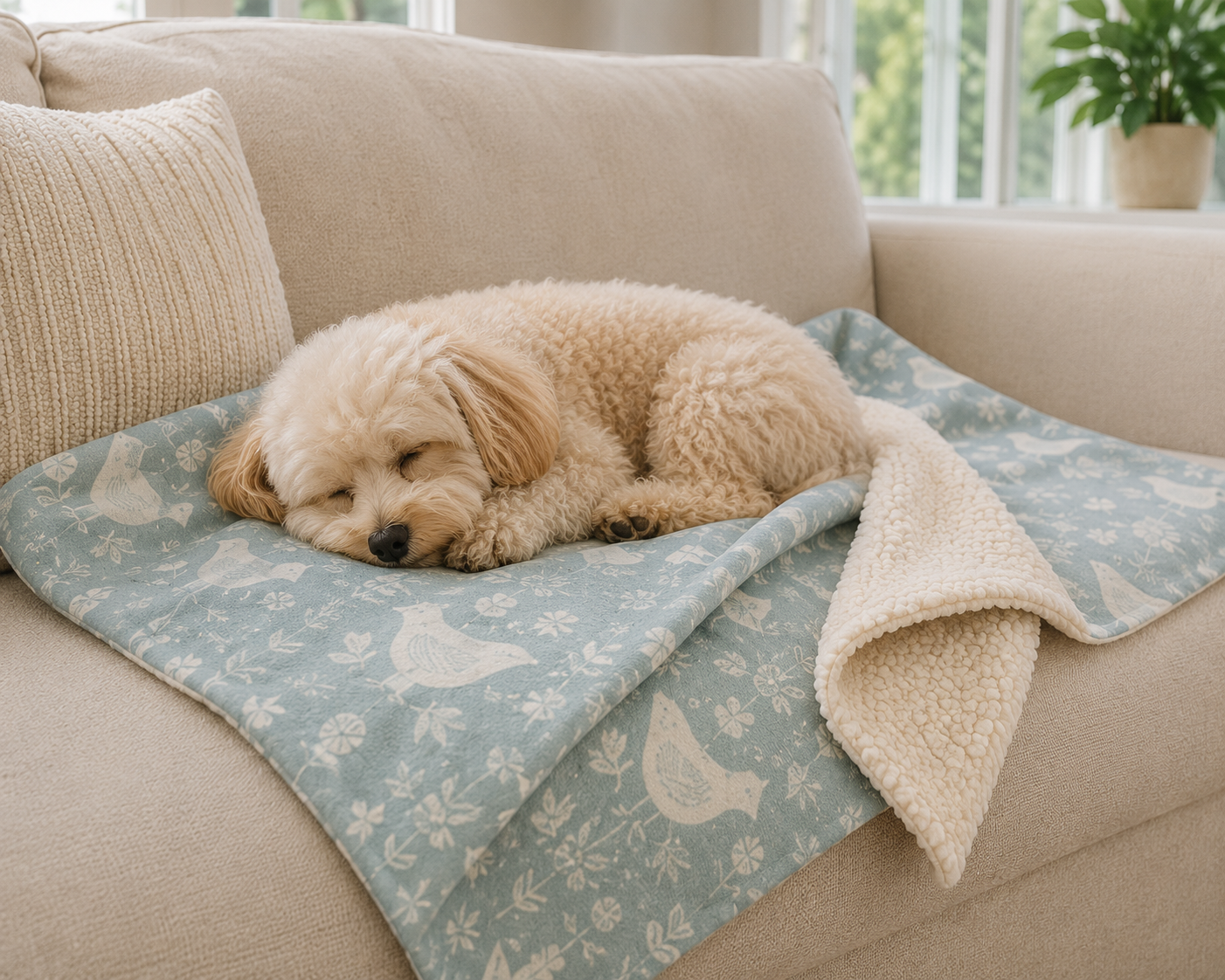Luxury Handcrafted Cotton Pocket Sided Pet/Dog Bed - Bird Print