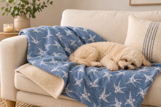 Swallow Song | Swallow Print Dog Blanket | Luxury Handmade Reversible Sherpa Throw | Seasonal Pet Blanket UK | Customisable