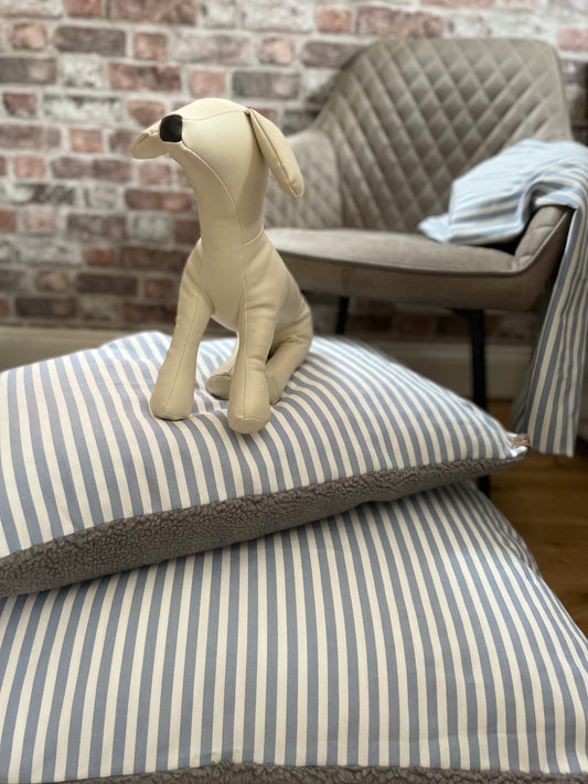 Two Season Handcrafted Dog Day Bed/crate cushion - Teign blue and white stripe