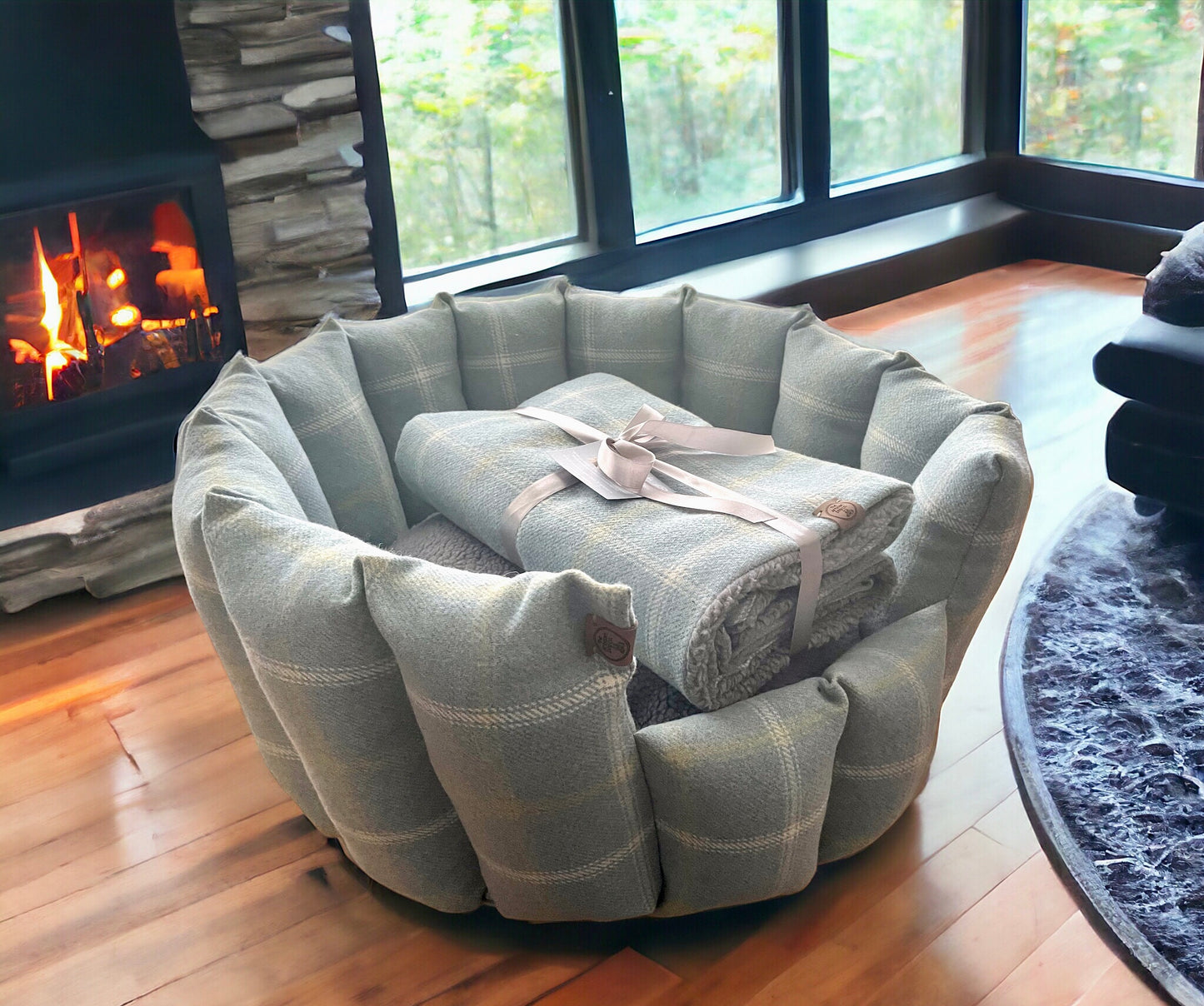 Killerton Blue & Green Check Dog Blanket | Luxury Handmade Reversible Sherpa Throw | Customisable Pet Blanket UK