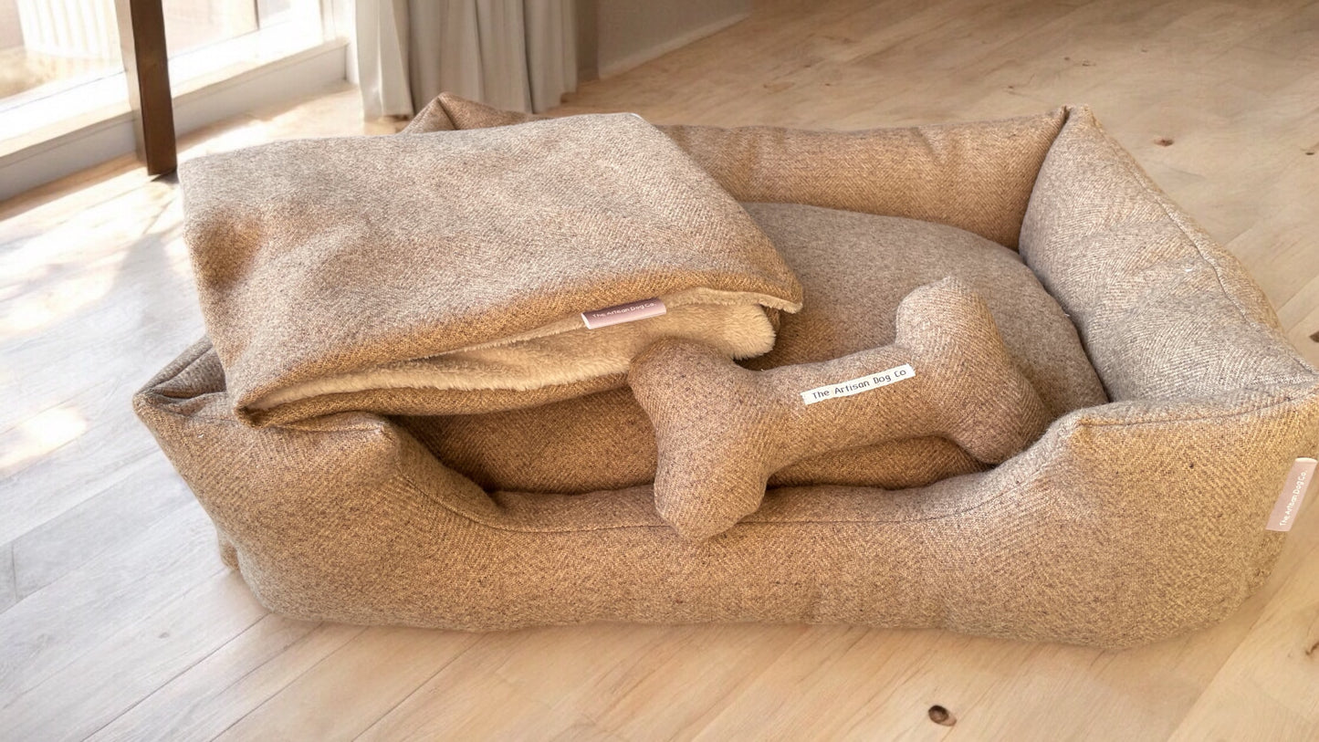 Handcrafted Luxury Dog/cat bed in Taupe Herringbone - The Classic Collection