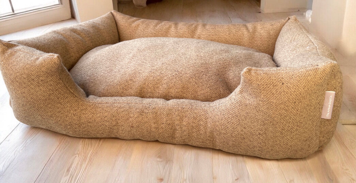 Handcrafted Luxury Dog/cat bed in Taupe Herringbone - The Classic Collection