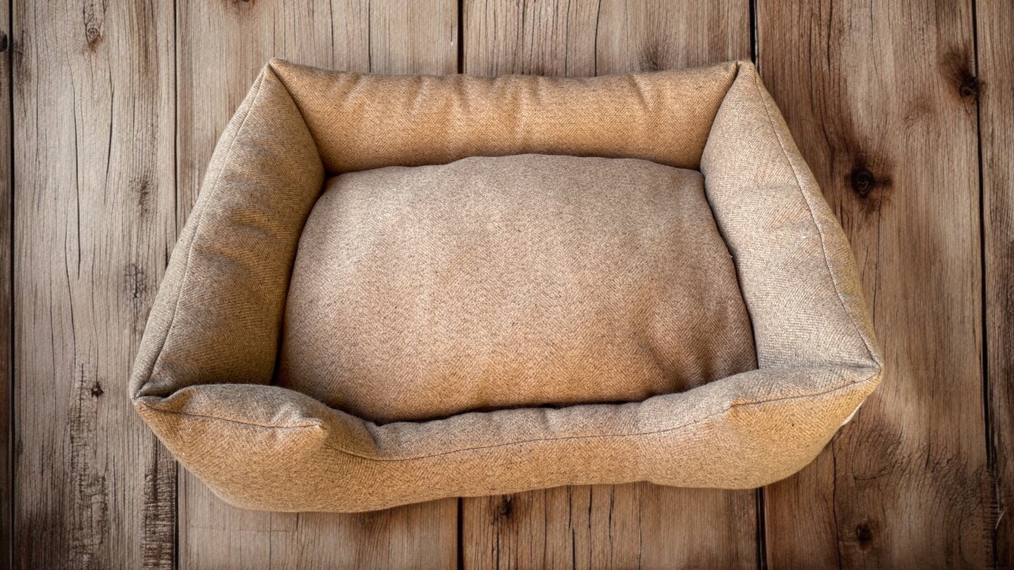 Handcrafted Luxury Dog/cat bed in Taupe Herringbone - The Classic Collection