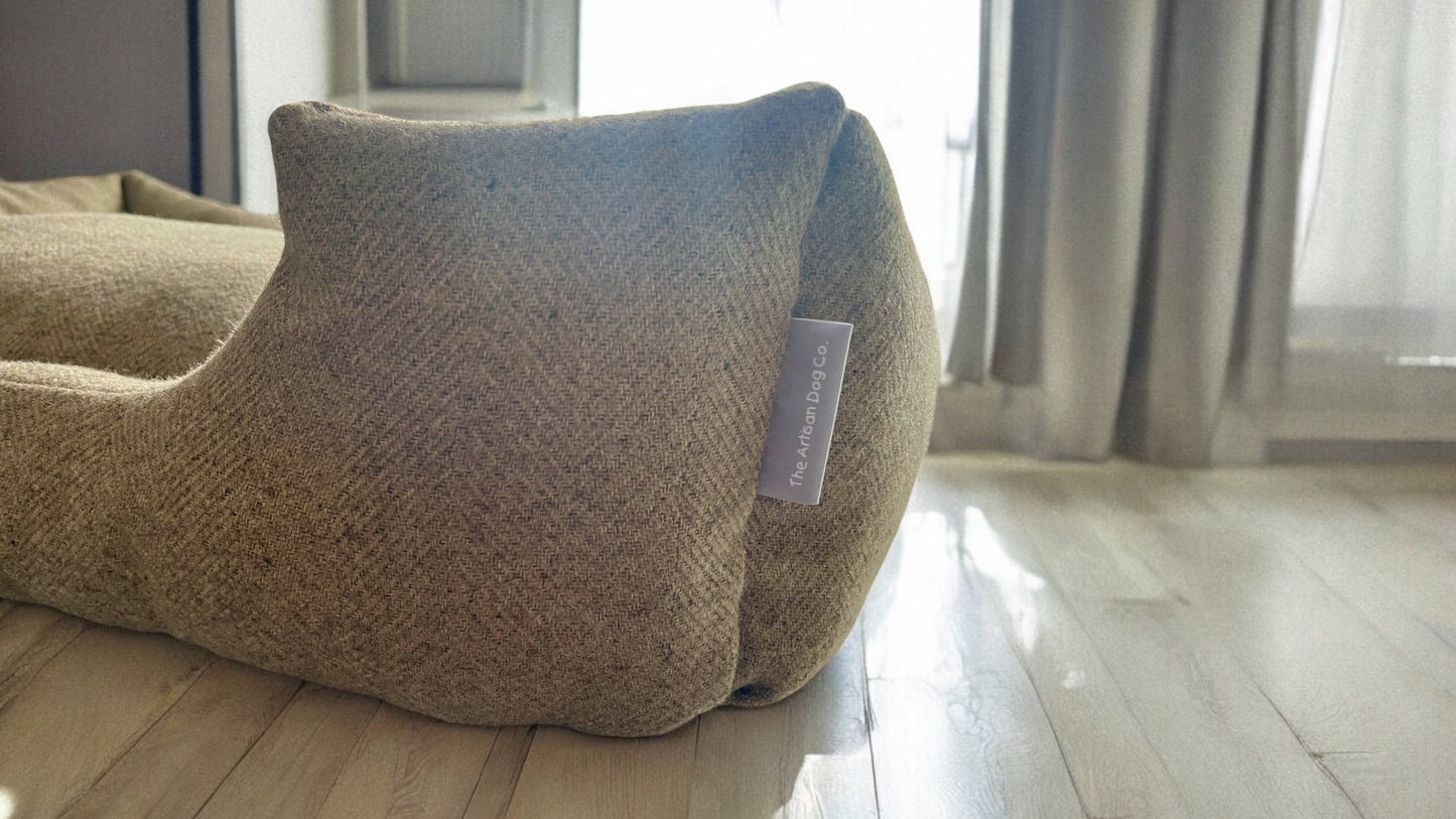 Handcrafted Luxury Dog/cat bed in Taupe Herringbone - The Classic Collection