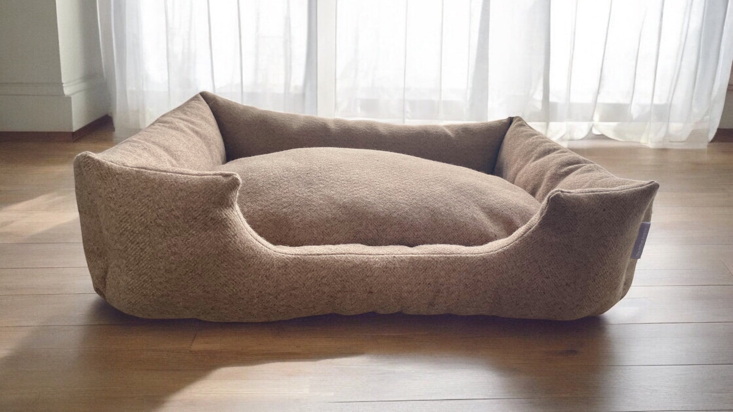 Handcrafted Luxury Dog/cat bed in Taupe Herringbone - The Classic Collection