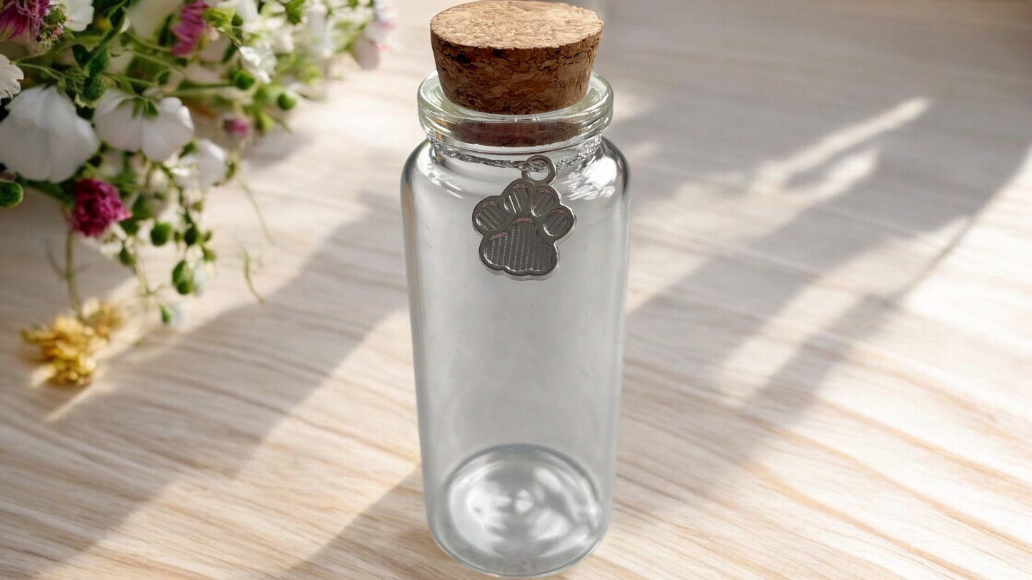 Personalised Pet Fur and Ashes Keepsake Glass Bottle And Paw Charm