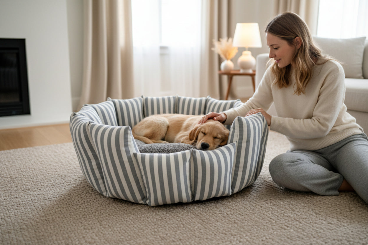 Handcrafted Pocket Sided Pet/Dog Bed - Teign Blue & White Stripe