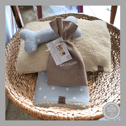 New Puppy Gift Set: Blanket, Pillow, Toy & Milestone Cards. Blue Spotty.
