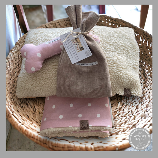 New Puppy Gift Pack: Blanket, Pillow, Toy Bone and Milestone cards - Pink Spotty