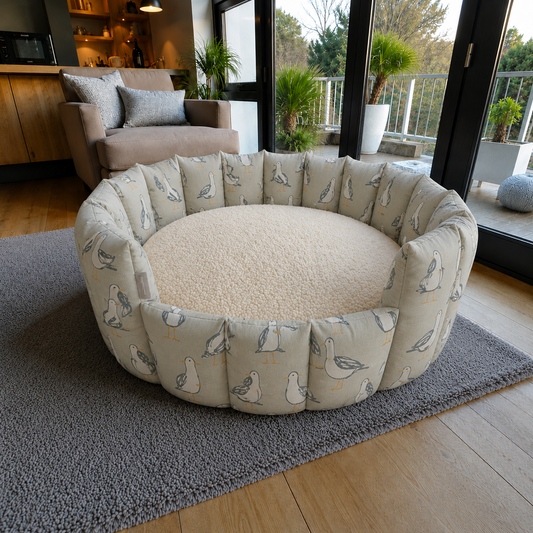 Harbour Birds Collection | Luxury Handcrafted Cotton Pocket Sided Pet/Dog Bed - Seagull Print 100% Cotton