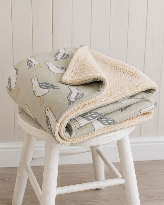 Harbour Birds | Seagull Dog Blanket | Luxury Handmade Reversible Sherpa Throw | Seasonal Pet Blanket UK | Customisable