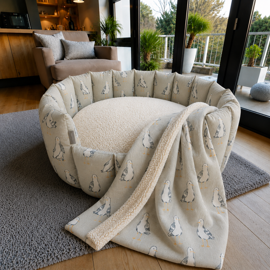 Harbour Birds Collection | Luxury Handcrafted Cotton Pocket Sided Pet/Dog Bed - Seagull Print 100% Cotton