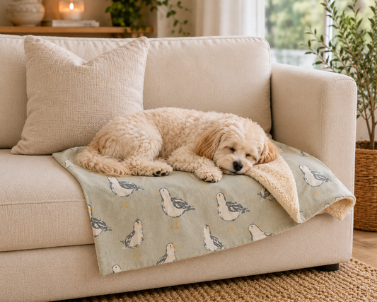 Harbour Birds | Seagull Dog Blanket | Luxury Handmade Reversible Sherpa Throw | Seasonal Pet Blanket UK | Customisable