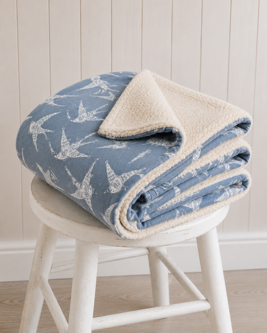Swallow Song | Swallow Print Dog Blanket | Luxury Handmade Reversible Sherpa Throw | Seasonal Pet Blanket UK | Customisable