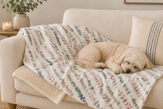 Wild Meadow Print Dog Blanket | Luxury Handmade Reversible Sherpa Throw | Seasonal Pet Blanket UK | Customisable