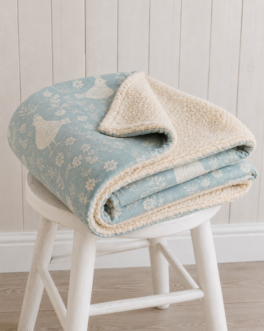 Willow and Wren | Bird Print Dog Blanket | Luxury Handmade Reversible Sherpa Throw | Seasonal Pet Blanket UK | Customisable