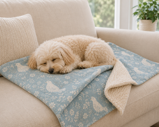 Willow and Wren | Bird Print Dog Blanket | Luxury Handmade Reversible Sherpa Throw | Seasonal Pet Blanket UK | Customisable