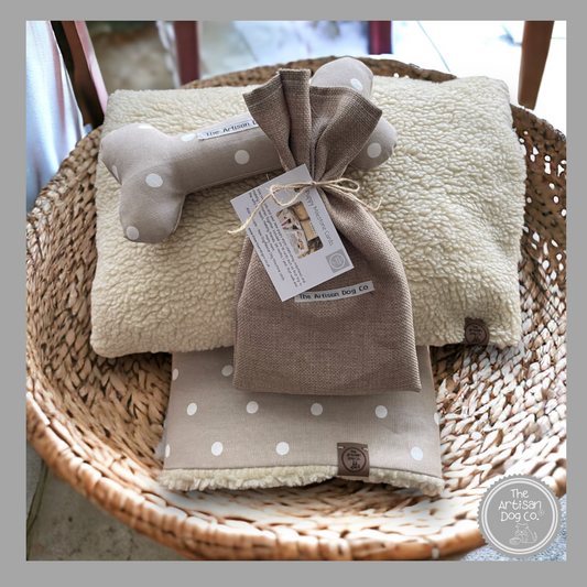 New Puppy Gift Pack: Blanket, Pillow, Toy Bone and Milestone cards - Taupe Spotty