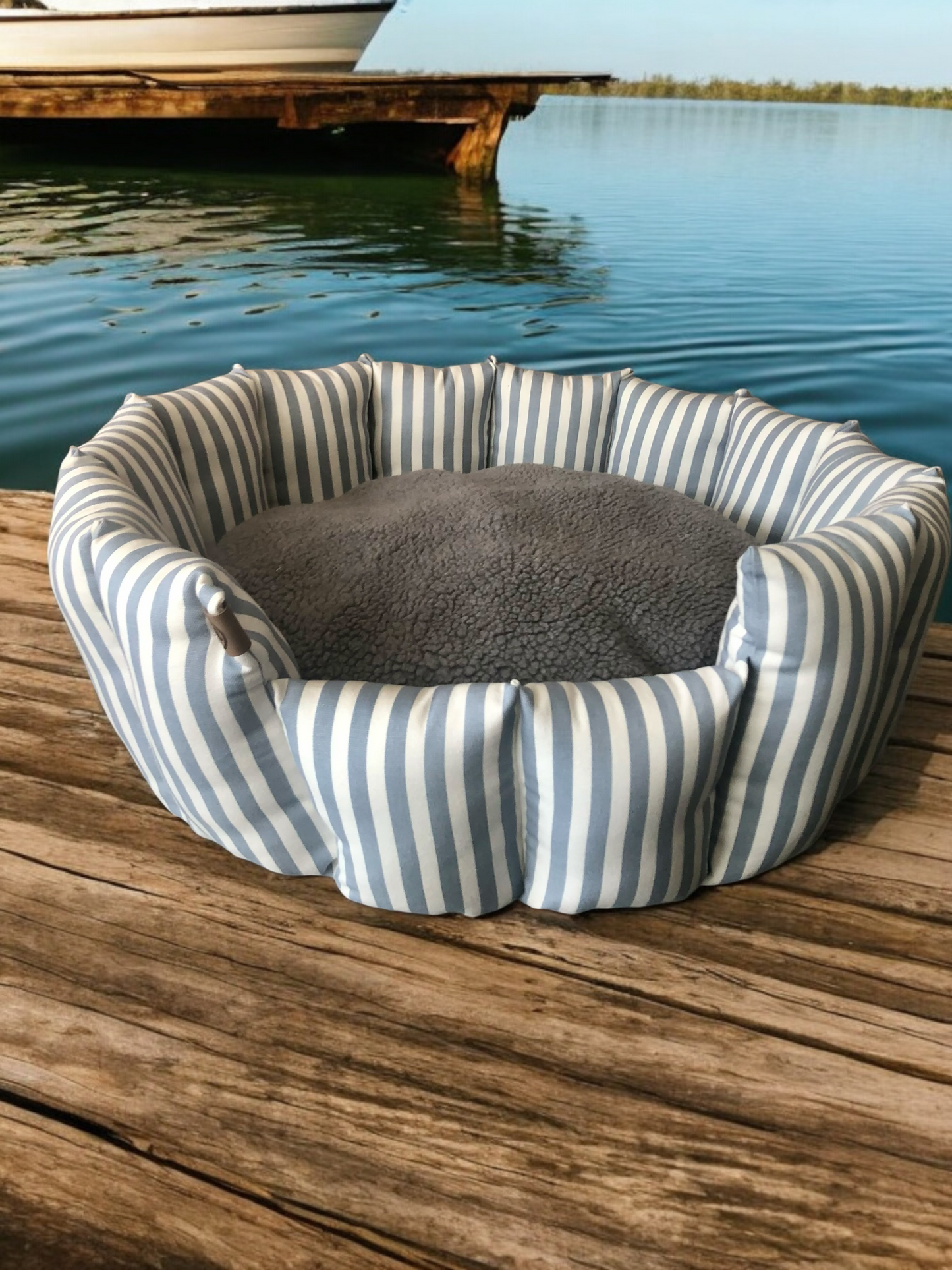 Handcrafted Pocket Sided Pet/Dog Bed - Teign Blue & White Stripe