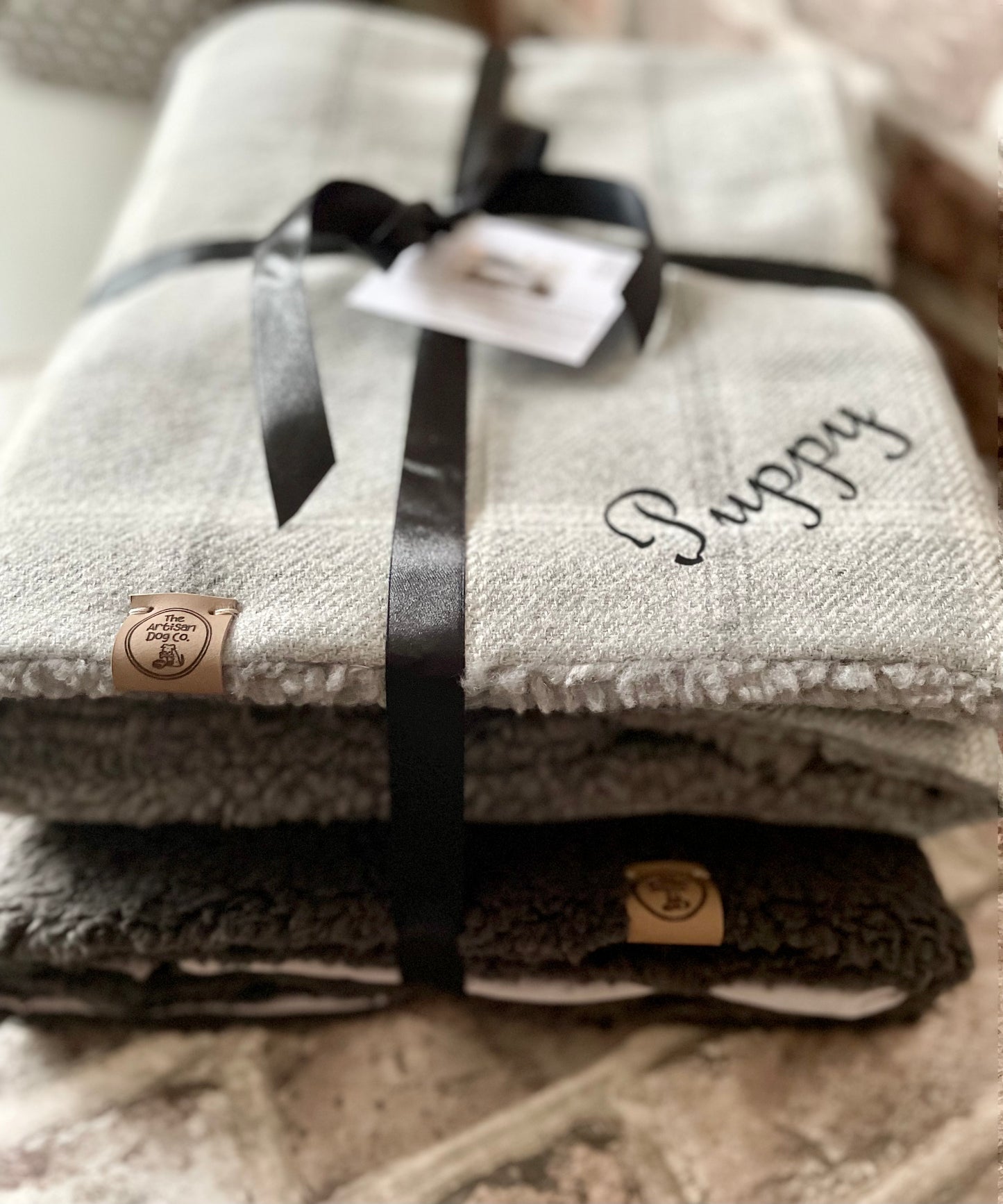 Handcrafted dog/cat/pet blanket/throw - Haldon Taupe Check - optional Personalisation