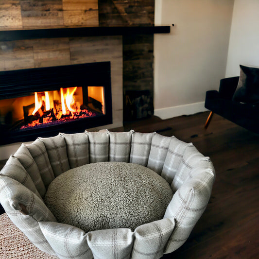 Luxury Handcrafted Pocket Sided Pet Bed - The Haldon Collection Taupe Check