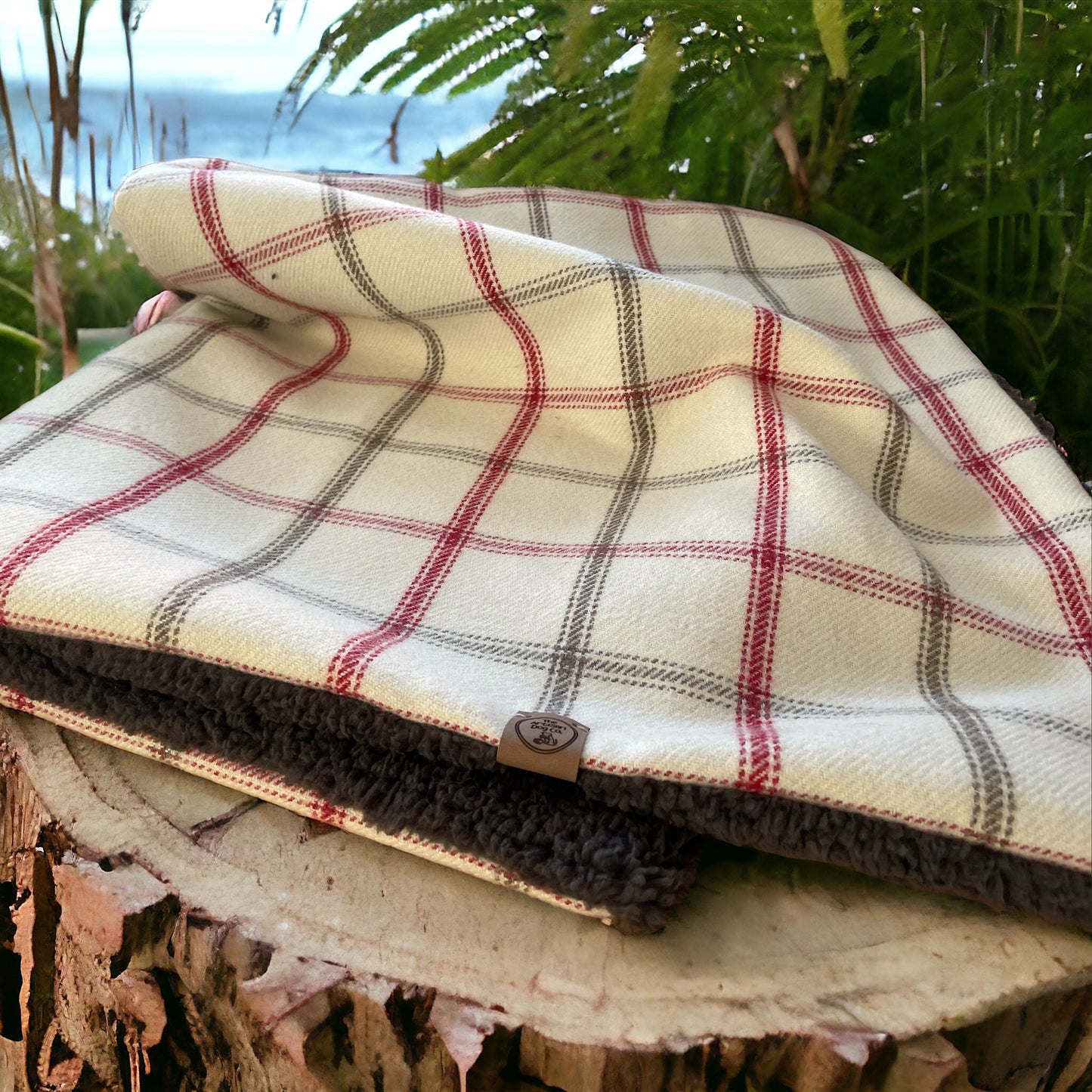 Luxury Handcrafted Knighthayes Cream/red/grey check Dog/pet Blanket