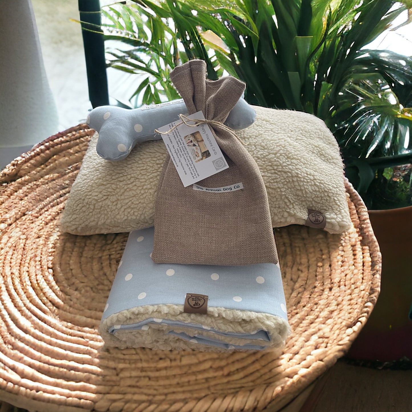 New Puppy Gift Set: Blanket, Pillow, Toy & Milestone Cards. Blue Spotty.