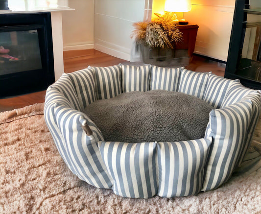 Handcrafted Pocket Sided Pet/Dog Bed - Teign Blue & White Stripe