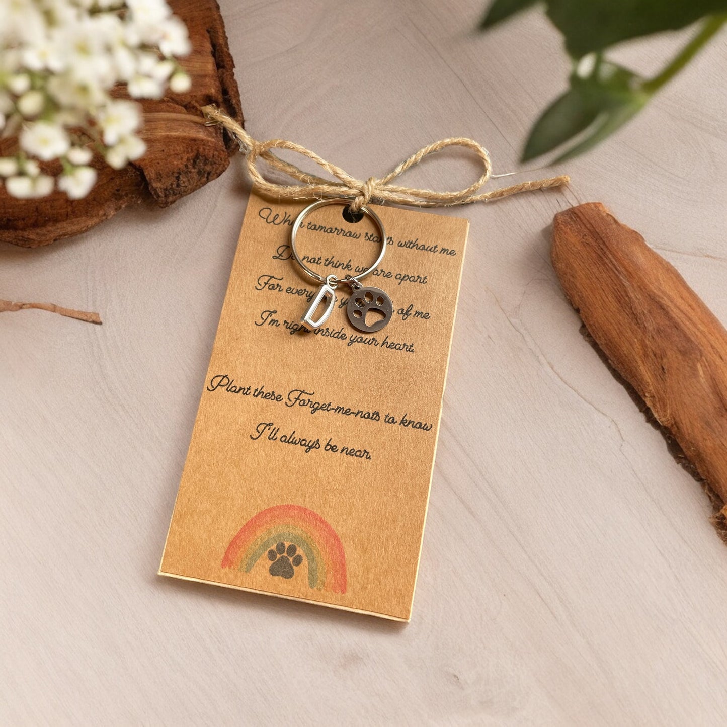 Pet Memorial/keepsake/thinking of you card, initial key ring and forget-me-not seeds