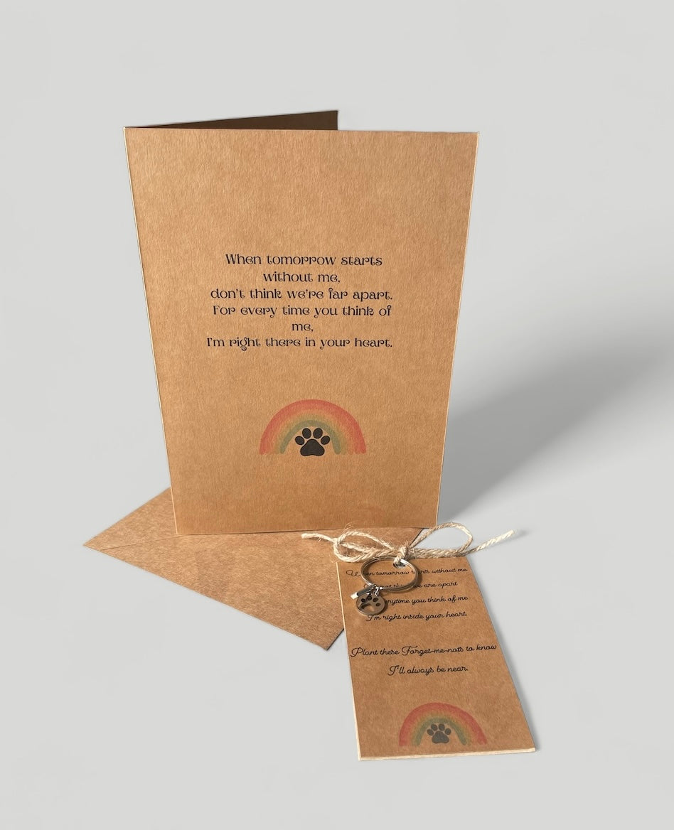 Pet Memorial/keepsake/thinking of you card, initial key ring and forget-me-not seeds