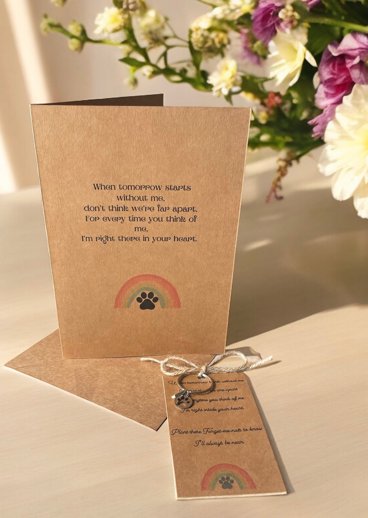 Pet Memorial/keepsake/thinking of you card, initial key ring and forget-me-not seeds