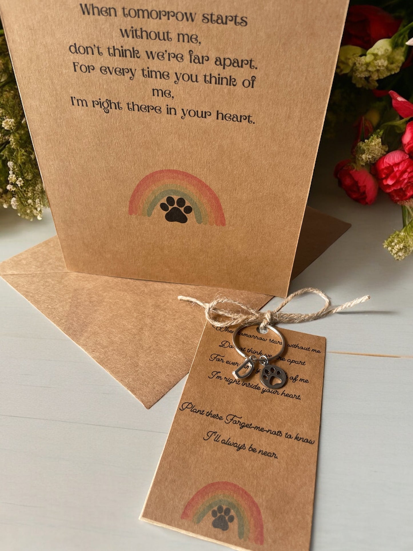 Pet Memorial/keepsake/thinking of you card, initial key ring and forget-me-not seeds