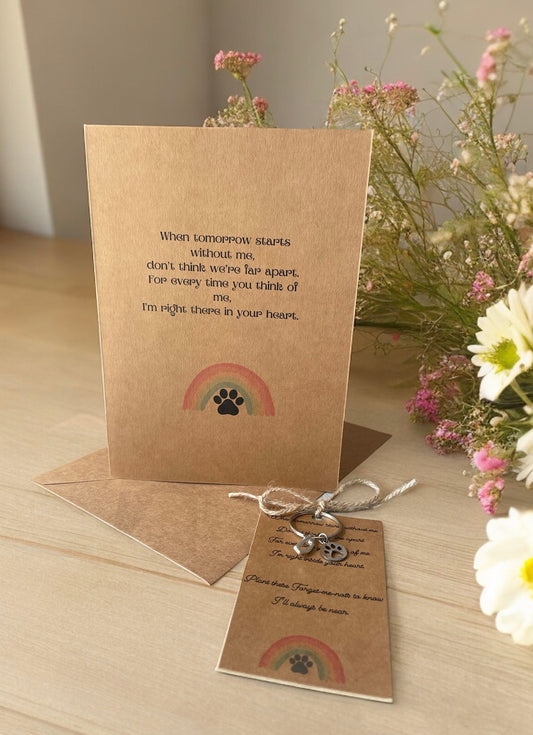Pet Memorial/keepsake/thinking of you card, initial key ring and forget-me-not seeds