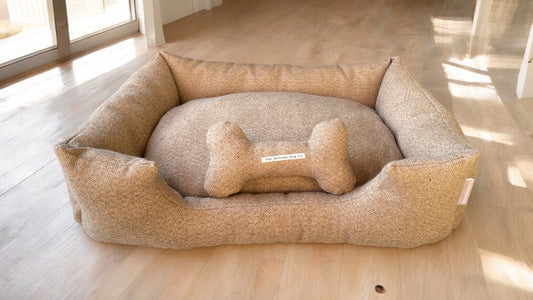 Handcrafted Luxury Dog/cat bed in Taupe Herringbone - The Classic Collection