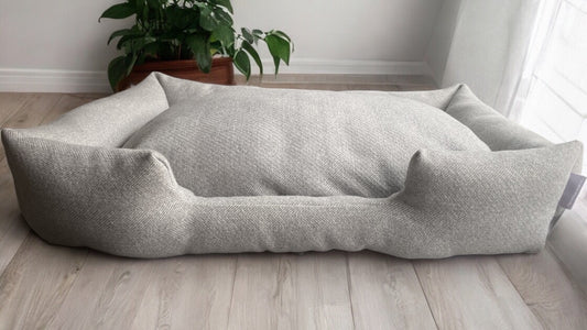 Handcrafted Luxury Dog/cat bed in Taupe Herringbone - The Classic Collection