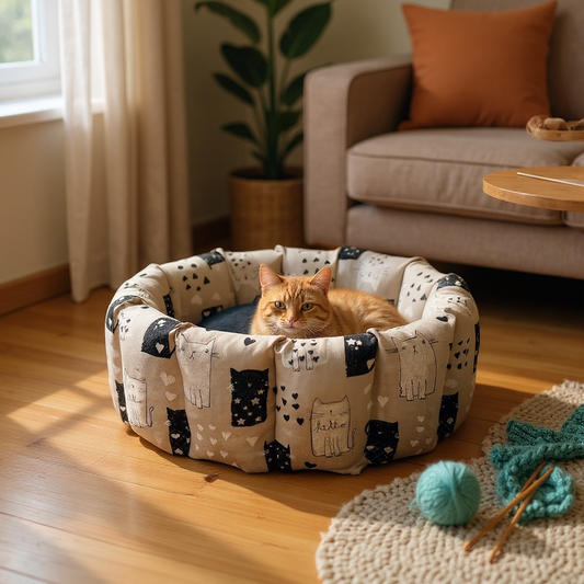 Pocket sided washable cat/kitten bed with removable cushion, cat print fabric