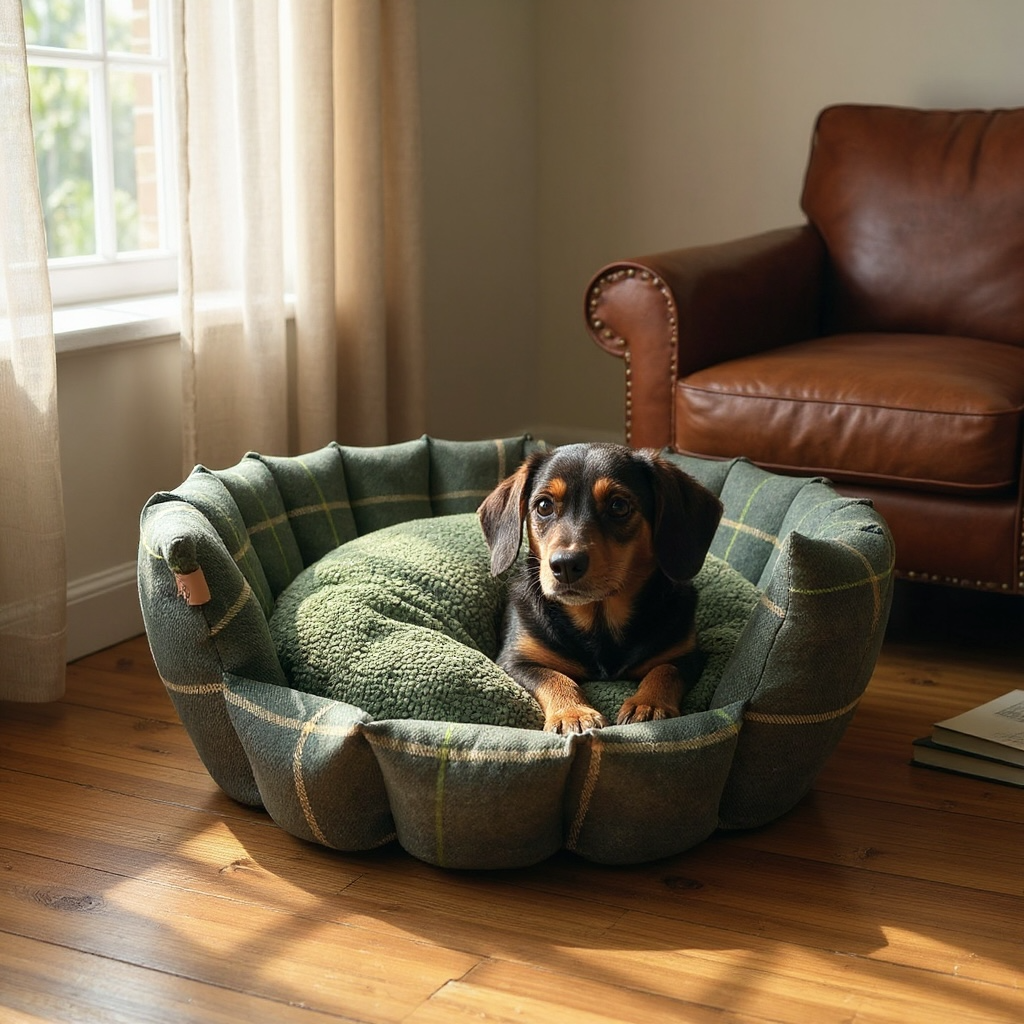 The Arlo Collection Pocket Sided Dog/Pet Bed - Forest Green Check