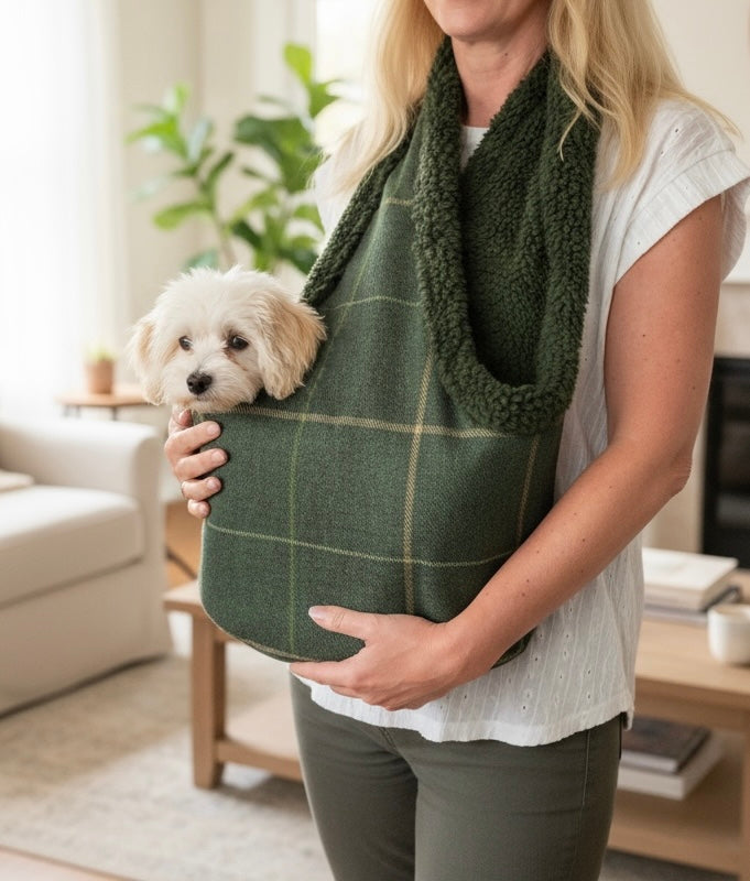 Handcrafted, luxury puppy/small dog carrier/sling - Forest Green Check - The Arlo Collection