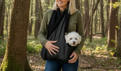 Handcrafted, luxury puppy/small dog carrier/sling - Black Denim