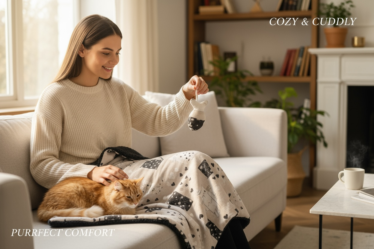 Cat blanket/throw in cat print fabric with soft Sherpa fleece backing