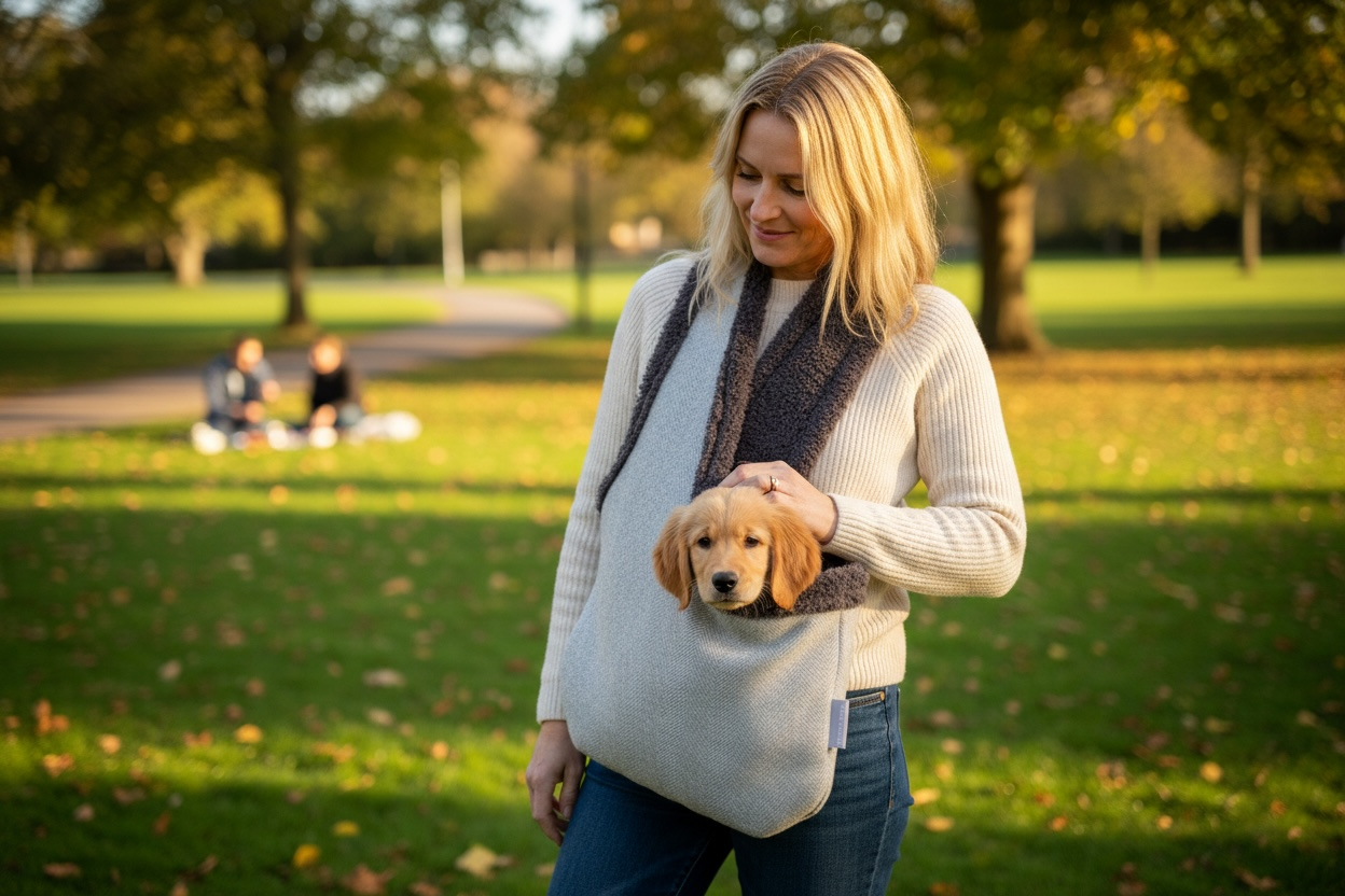Handcrafted, luxury puppy/small dog carrier/sling - Dove Grey Herringbone