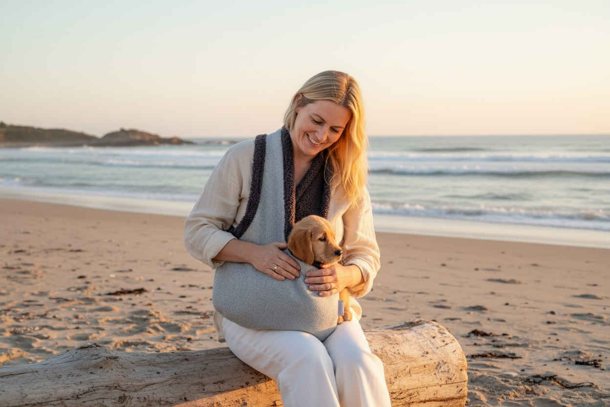 Handcrafted, luxury puppy/small dog carrier/sling - Dove Grey Herringbone