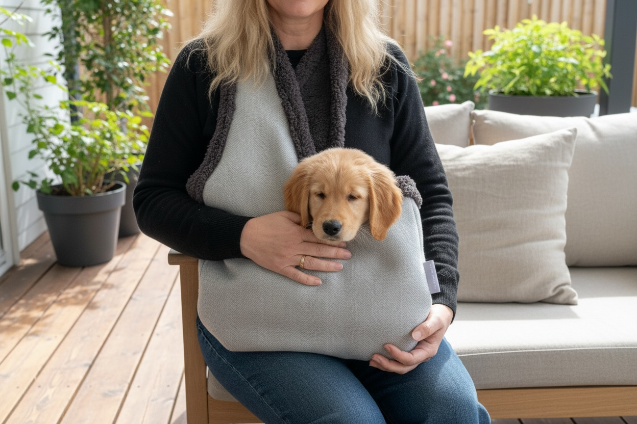 Handcrafted, luxury puppy/small dog carrier/sling - Dove Grey Herringbone