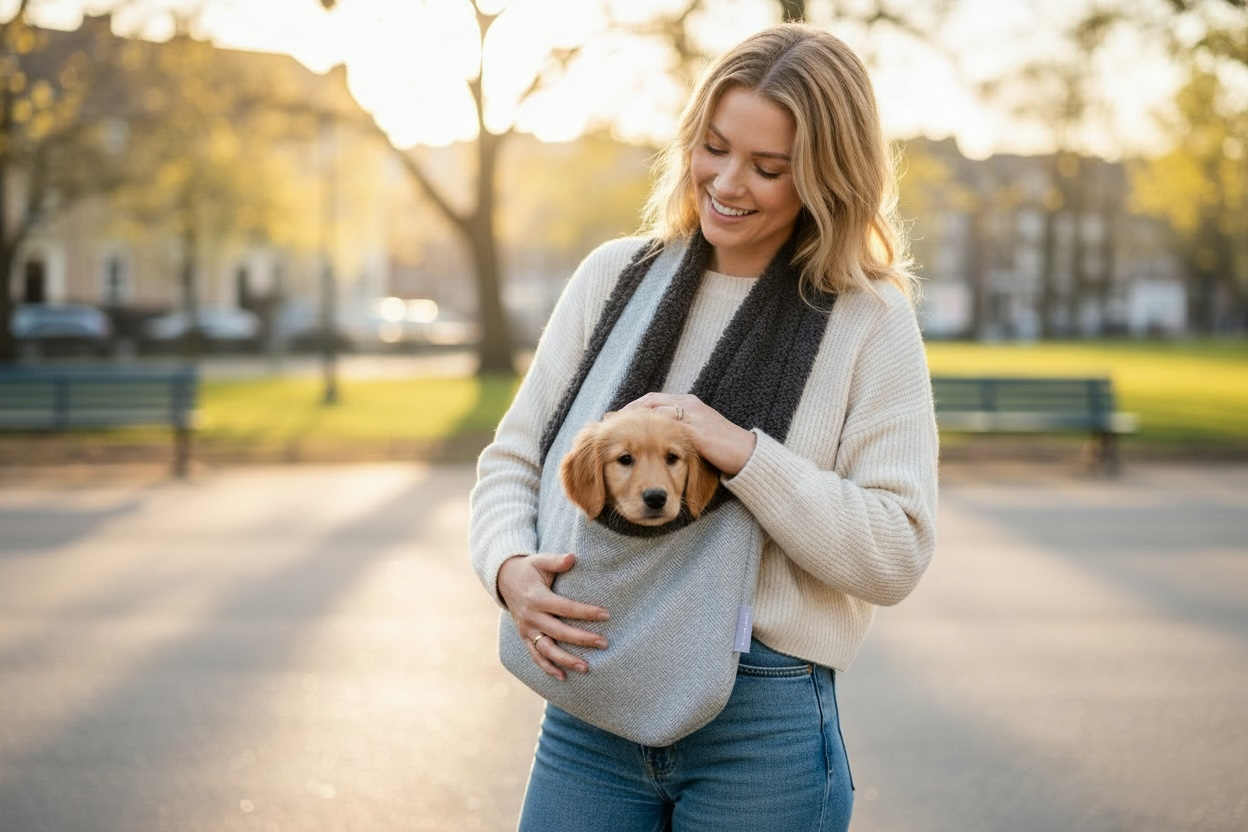 Handcrafted, luxury puppy/small dog carrier/sling - Dove Grey Herringbone