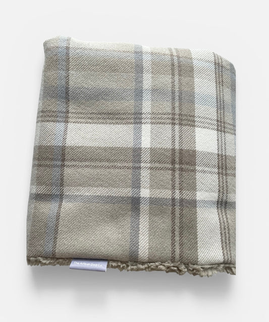 Taupe Check Pet Blanket | Reversible Sherpa | Handmade Luxury Dog Throw | Machine Washable UK