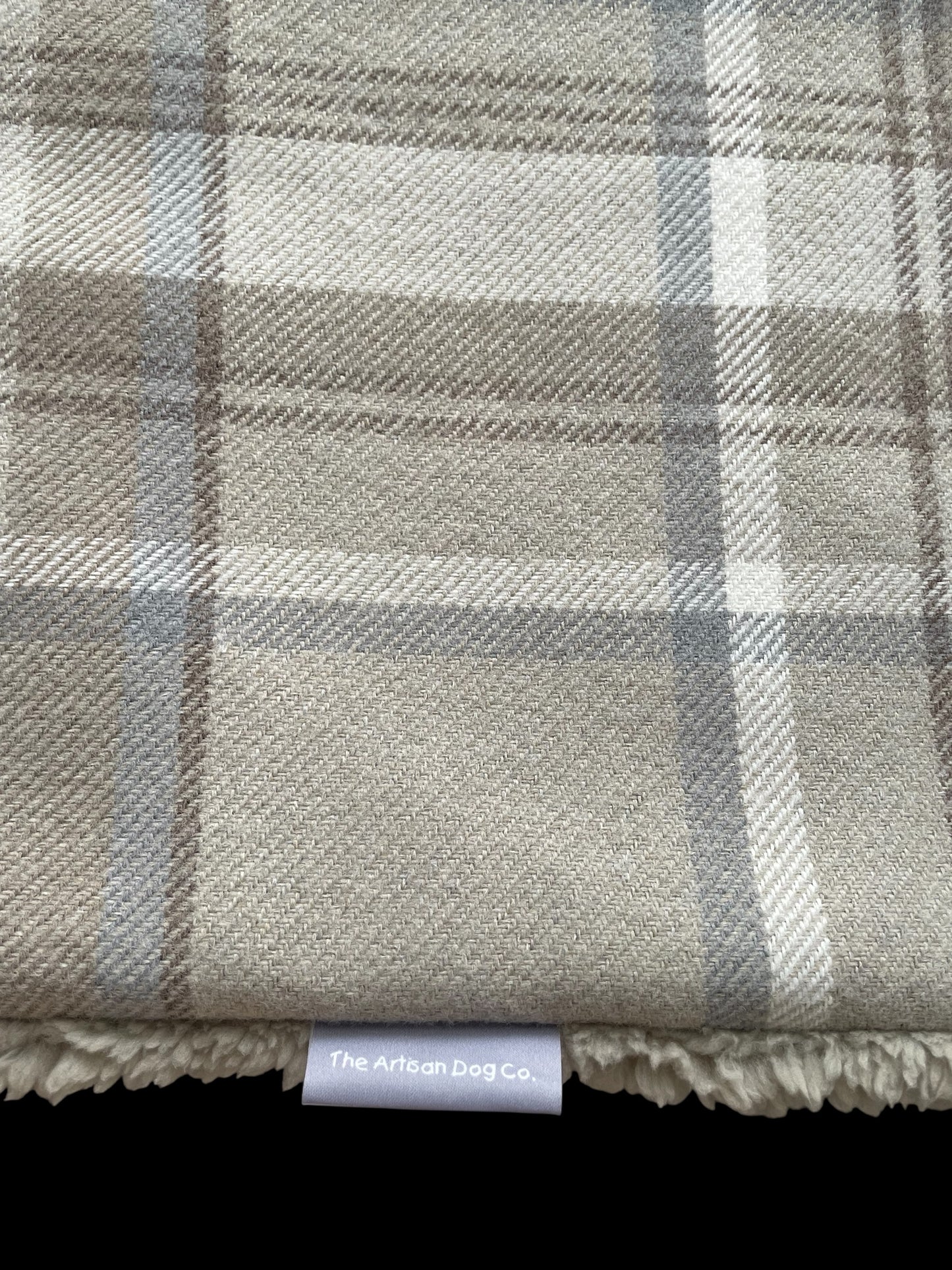 Taupe Check Pet Blanket | Reversible Sherpa | Handmade Luxury Dog Throw | Machine Washable UK