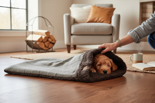 Luxury Dog Snuggle Sack | Handmade Sherpa Fleece Sleeping Bag | Customisable Pet Bed UK | Cosy Dog Sleep Bag