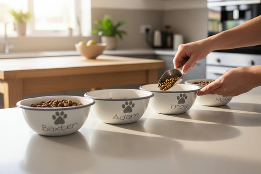 Personalised Enamel Dog/Cat/Pet Bowl - White with grey trim