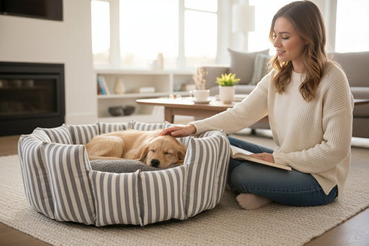 Handcrafted Pocket Sided Pet/Dog Bed - Teign Blue & White Stripe